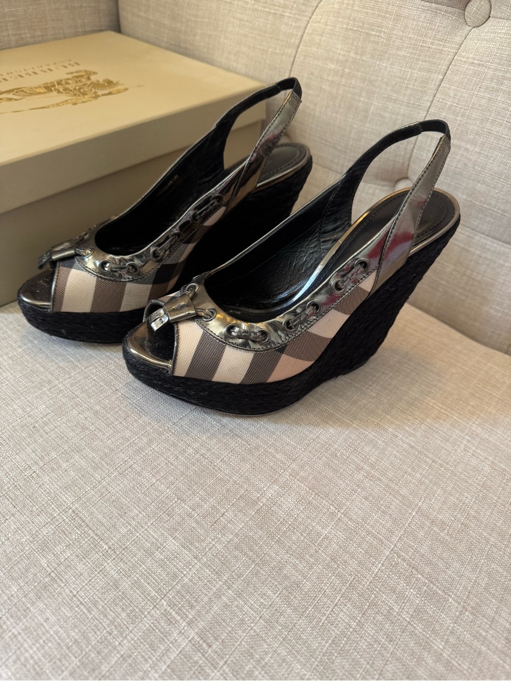 Burberry Nova Check Espadrille Wedge Slingback Heels with Metallic Trim/Tassles